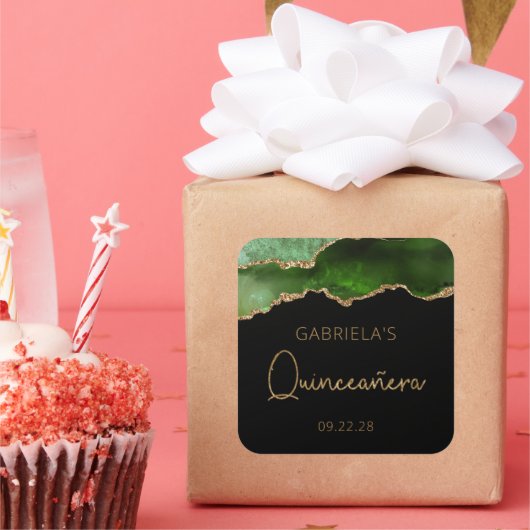 Chic Agate Geode Green Gold Quinceañera Quadratischer Aufkleber (Party)