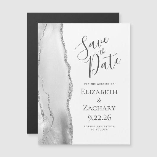 Chic Agate Gray Silver Magnetic Save the Date Magnetkarte (Vorne/Hinten)