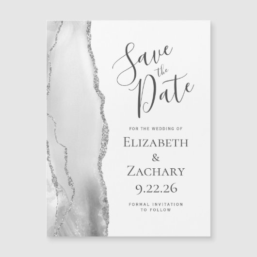Chic Agate Gray Silver Magnetic Save the Date Magnetkarte (Vorderseite)