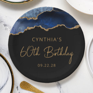Chic Agate Navy Blue Gold 60. Geburtstagsparty Pappteller