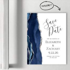 Chic Agate Navy Blue Silver Magnetic Save the Date Magnetkarte