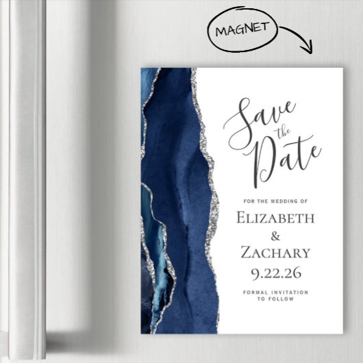Chic Agate Navy Blue Silver Magnetic Save the Date Magnetkarte