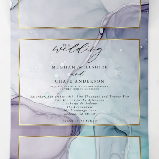 Chic Amethyst Aquamarine Abstrakte Tinte Tri-Falte Dreifach Gefaltete Einladung (Innenseite Mitte)