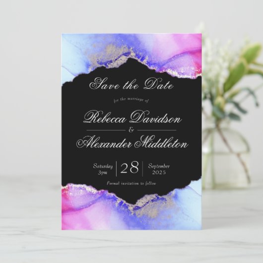 Chic Amethyst Lila Black Wedding Save The Date (Stehend Vorderseite)