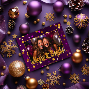 Chic and Festive Lila and Gold Confetti Foto Feiertagskarte