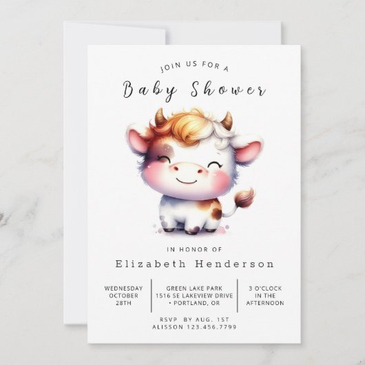 Chic Animal Simple Cow Baby Dusche Einladung (Vorderseite)