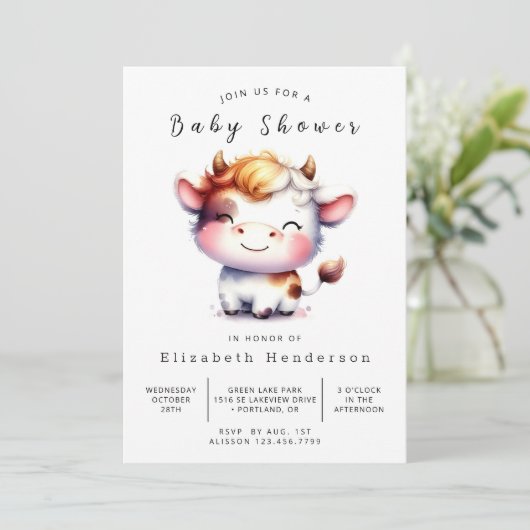 Chic Animal Simple Cow Baby Dusche Einladung (Stehend Vorderseite)