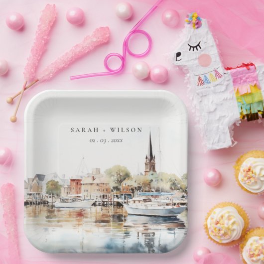 Chic Annapolis Maryland Watercolor Wedding Pappteller (Party)