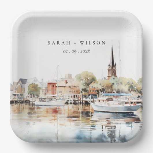 Chic Annapolis Maryland Watercolor Wedding Pappteller (Vorderseite)