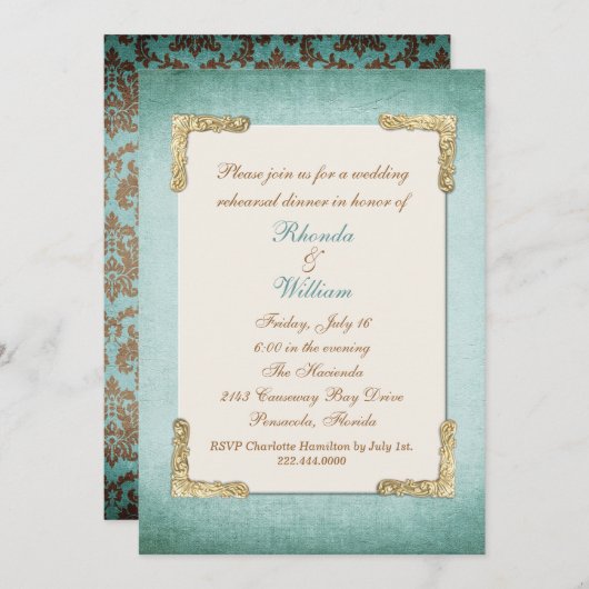 Chic Antique Aqua & Gold Hochzeit Probe Dinner Einladung (Vorne/Hinten)