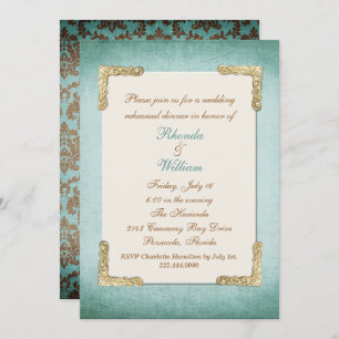 Chic Antique Aqua & Gold Hochzeit Probe Dinner Einladung