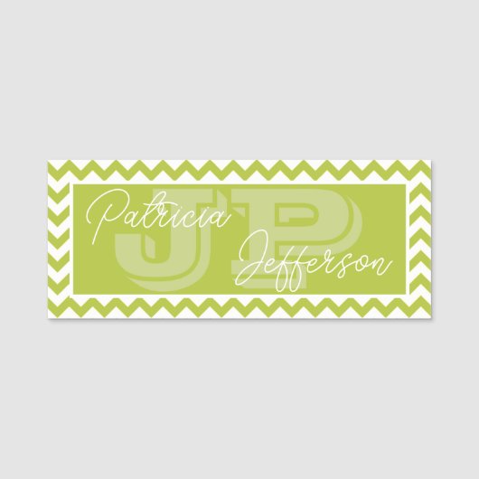Chic Apple Green Zickzack Pattern: Elegantes Monog Namensschild (Vorderseite)