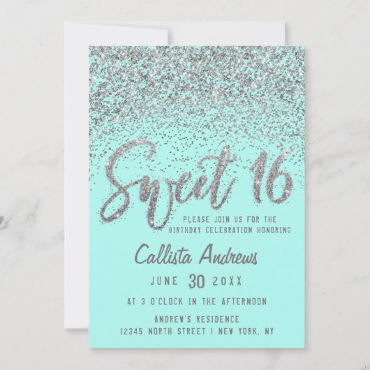 Chic Aqua Aquamarin Silver Scattered Glitzer Sweet Einladung (Vorderseite)