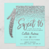 Chic Aqua Aquamarin Silver Scattered Glitzer Sweet Einladung (Vorne/Hinten)