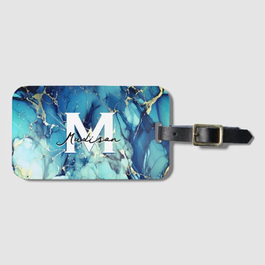 chic aqua blauer Marmor Imitate Gold Glitzer Monog Gepäckanhänger (Vorderseite (Horizontal))