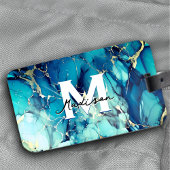 chic aqua blauer Marmor Imitate Gold Glitzer Monog Gepäckanhänger