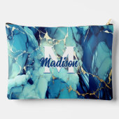 chic aqua blauer Marmor Imitate Gold Glitzer Monog Zubehörtasche (Rückseite)