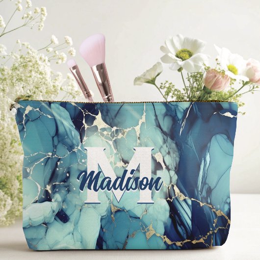 chic aqua blauer Marmor Imitate Gold Glitzer Monog Zubehörtasche