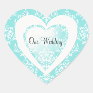 Chic Aqua Blue Damask Heart Wedding Sticker