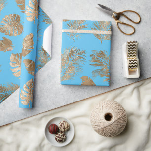 Chic Aqua Blue Gold Tropical Blätter Geschenkpapier