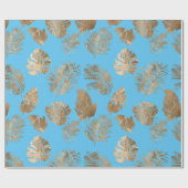 Chic Aqua Blue Gold Tropical Blätter Geschenkpapier (Flach)
