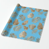 Chic Aqua Blue Gold Tropical Blätter Geschenkpapier (Ungerollt)