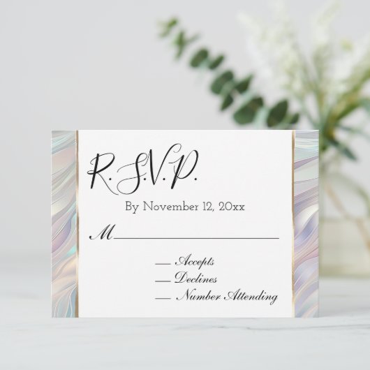 Chic Aqua Blue Lila Pearl White Wedding RSVP Begleitkarte (Stehend Vorderseite)