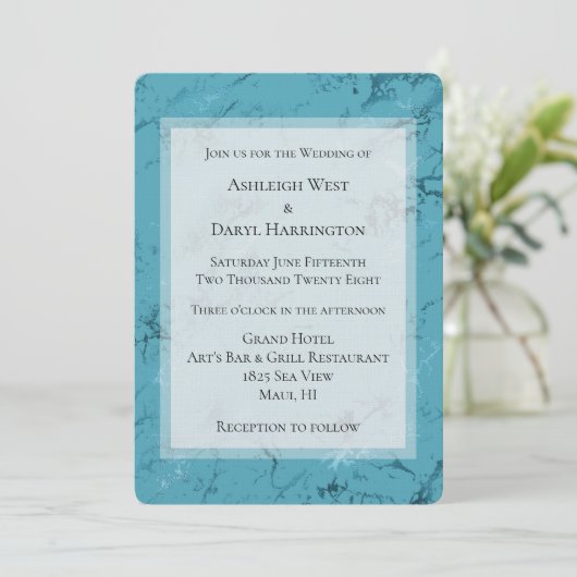 Chic Aqua Blue Marble Wedding Einladung (Stehend Vorderseite)