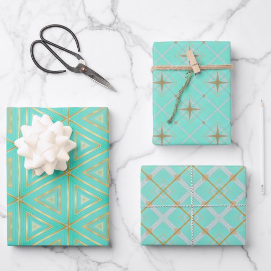 Chic Aqua Blue und Gold Geometric Geschenkpapier Set (Vorderseite)