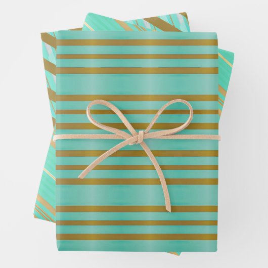 Chic Aqua Blue und Gold gestreift Geschenkpapier Set (Beispiel)
