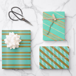 Chic Aqua Blue und Gold gestreift Geschenkpapier Set