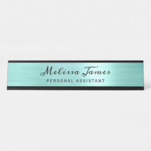Chic Aqua Brushed Metal Black Script Schreibtischnamensplakette