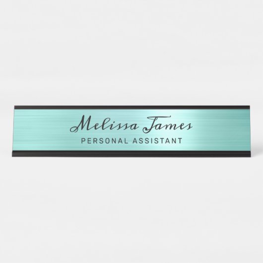 Chic Aqua Brushed Metal Black Script Schreibtischnamensplakette (Vorderseite )