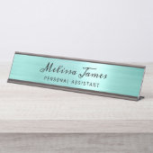 Chic Aqua Brushed Metal Black Script Schreibtischnamensplakette (Vorderseite )
