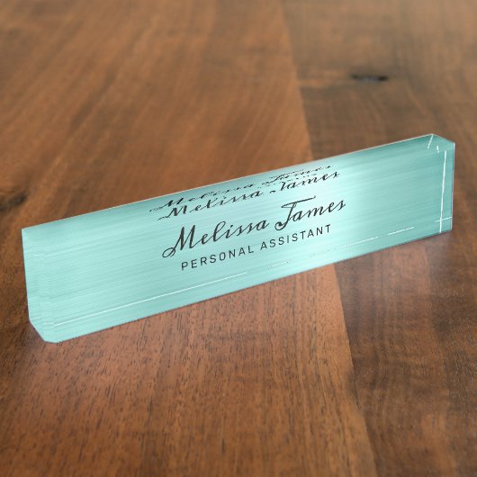 Chic Aqua Brushed Metal Moderner Black Script Desk Namensplakette (Seite)