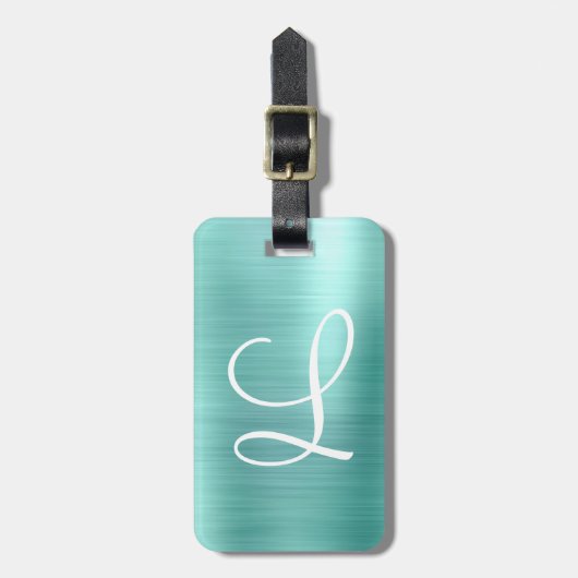 Chic Aqua Brushed Metal White Monogram Gepäckmarke Gepäckanhänger (Vorderseite vertikal)