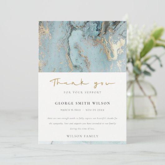 CHIC AQUA DUSKY BLAUE GOLD AGATE BEILEID MEMORIAL DANKESKARTE (Stehend Vorderseite)