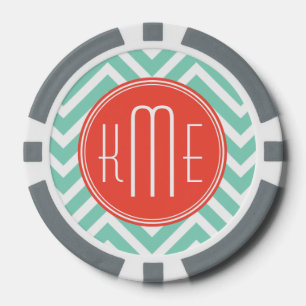 Chic Aqua Green Zickzack und Orange Custom Monogra Pokerchips