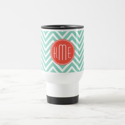 Chic-Aqua-Grün-Zickzack und orange Reisebecher (Mittel)