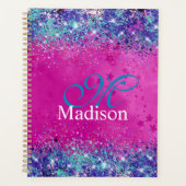 Chic aqua pink iridescent Glitzer Monogramm Planer (Vorderseite)