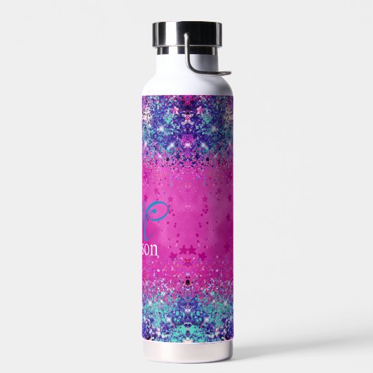 Chic aqua pink iridescent Glitzer Monogramm Trinkflasche (Links)