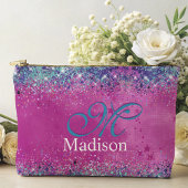 Chic aqua pink iridescent Glitzer Monogramm Zubehörtasche