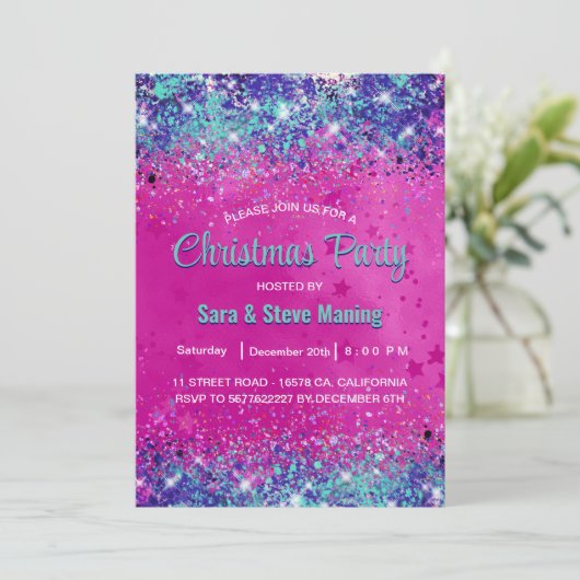 Chic aqua pink iridescent Glitzer Weihnachten Einladung (Stehend Vorderseite)