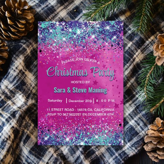 Chic aqua pink iridescent Glitzer Weihnachten Einladung