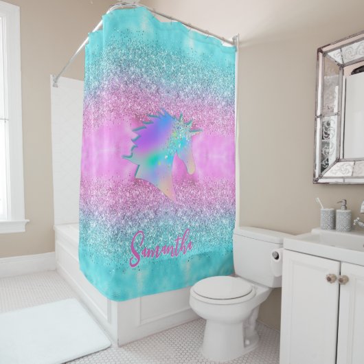 Chic Aqua Pink Unicorn Glitzer Glasmonogramm Duschvorhang (Beispiel)