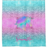 Chic Aqua Pink Unicorn Glitzer Glasmonogramm Duschvorhang (Vorderseite)