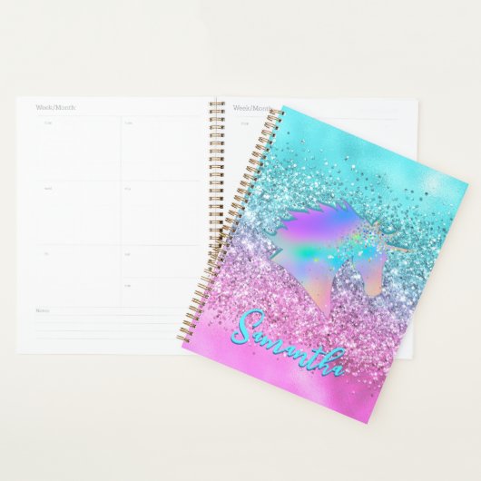 Chic Aqua Pink Unicorn Glitzer Glasmonogramm Planer (Anzeige)