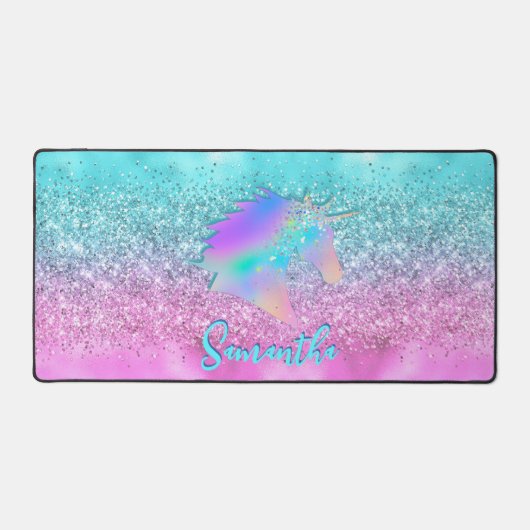 Chic Aqua Pink Unicorn Glitzer Glasmonogramm Schreibtischunterlage (Vorderseite)