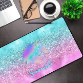 Chic Aqua Pink Unicorn Glitzer Glasmonogramm Schreibtischunterlage