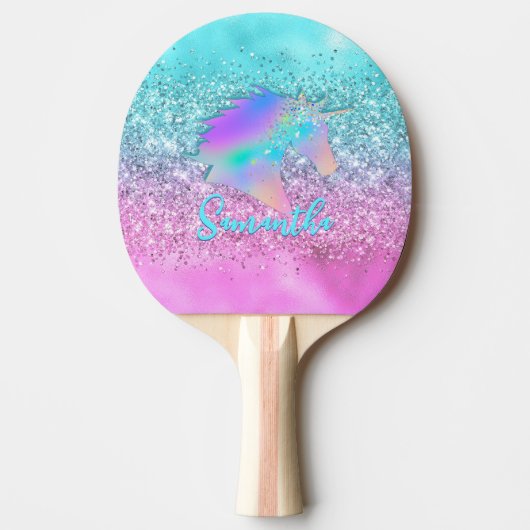 Chic Aqua Pink Unicorn Glitzer Glasmonogramm Tischtennis Schläger (Vorderseite)